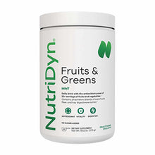 White cylindrical container of NutriDyn Fruits & Greens Mint dietary supplement powder with green text and leaf logo.