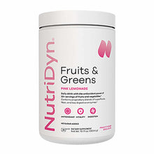 White cylindrical container of NutriDyn Fruits & Greens Daily Drink powder in pink lemonade flavor with product information l
