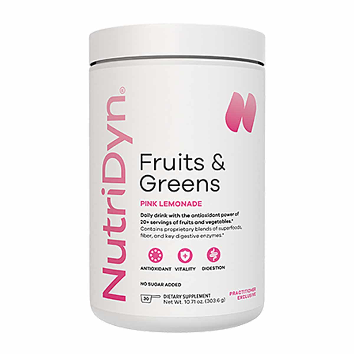 White cylindrical container of NutriDyn Fruits & Greens Daily Drink powder in pink lemonade flavor with product information l
