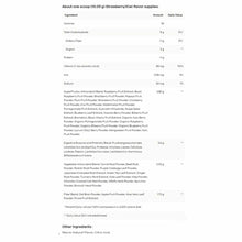 Nutrition label for NutriDyn Fruits & Greens Daily Drink showing one scoop serving details including calories, carbohydrates,