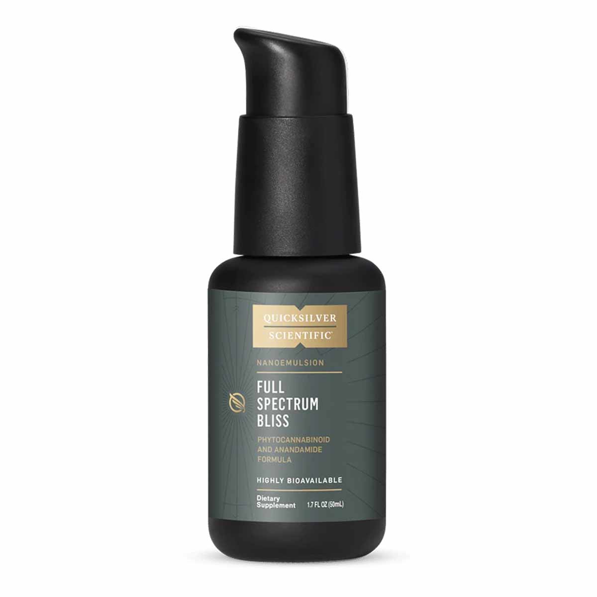 Black bottle with pump dispenser labeled "Quicksilver Scientific Full Spectrum Bliss" containing 1.7 oz dietary supplement.