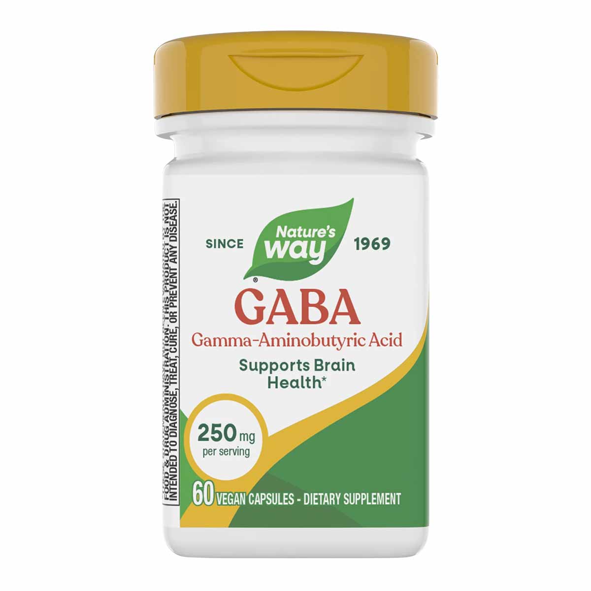Nature's Way GABA 250 mg supplement bottle with gold cap containing 60 vegan capsules.