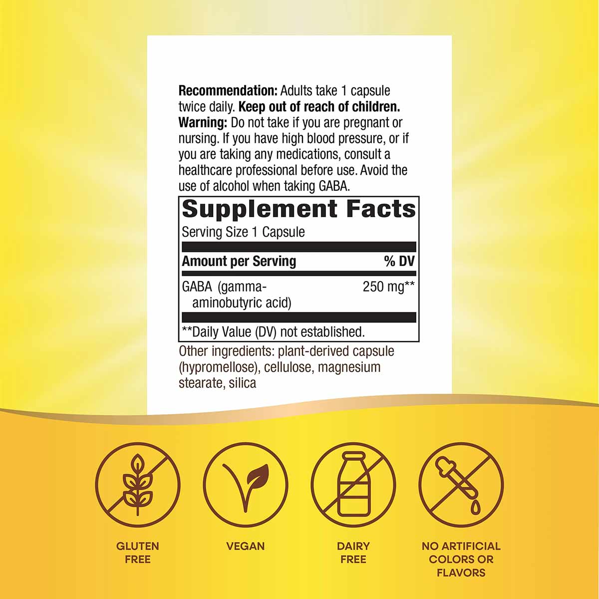 Bottle label for Nature's Way GABA 250 mg supplement showing dosage instructions, supplement facts, and certification badges 