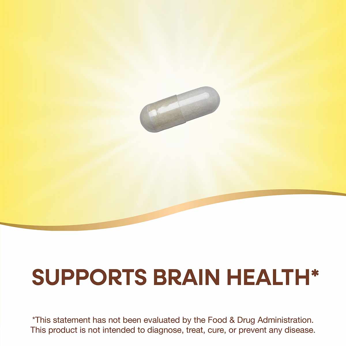 Gray GABA capsule supplement displayed against a yellow gradient background.