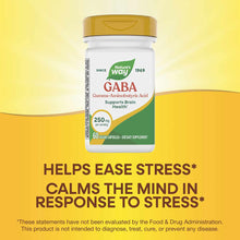 Nature's Way GABA 250mg bottle with gold cap containing 60 vegan capsules on yellow background.