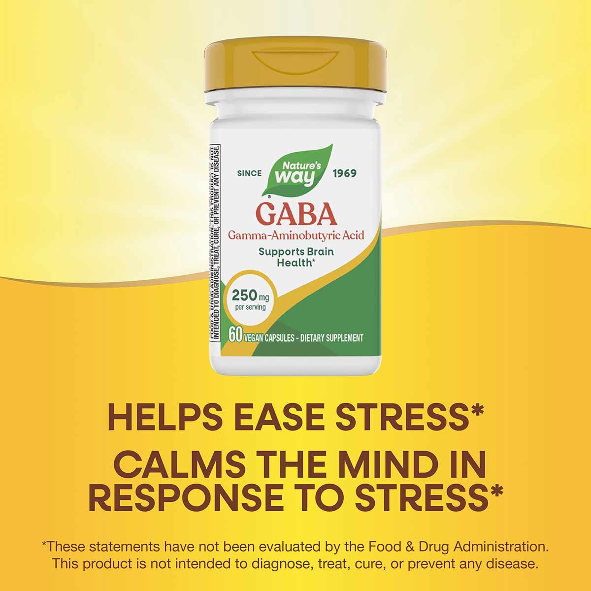 Nature's Way GABA 250mg bottle with gold cap containing 60 vegan capsules on yellow background.