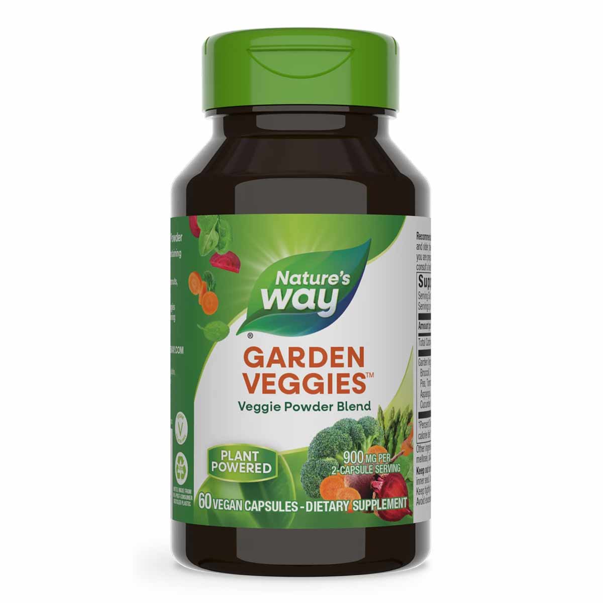 Nature's Way Garden Veggies dietary supplement bottle with green cap containing 60 vegan capsules.
