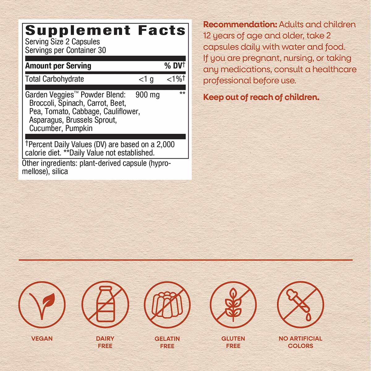 Supplement facts label for Garden Veggies 12 Veggie Blend showing 900mg powder blend per serving with certification icons for