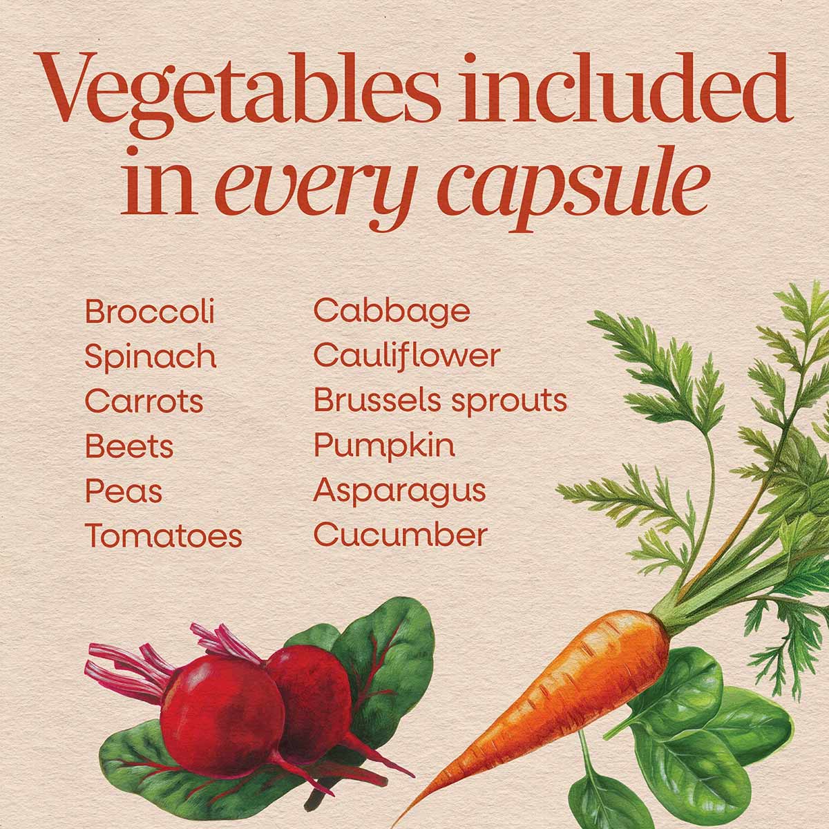 Package label listing 12 vegetables including broccoli, spinach, carrots, beets, peas, tomatoes, cabbage, cauliflower, Brusse