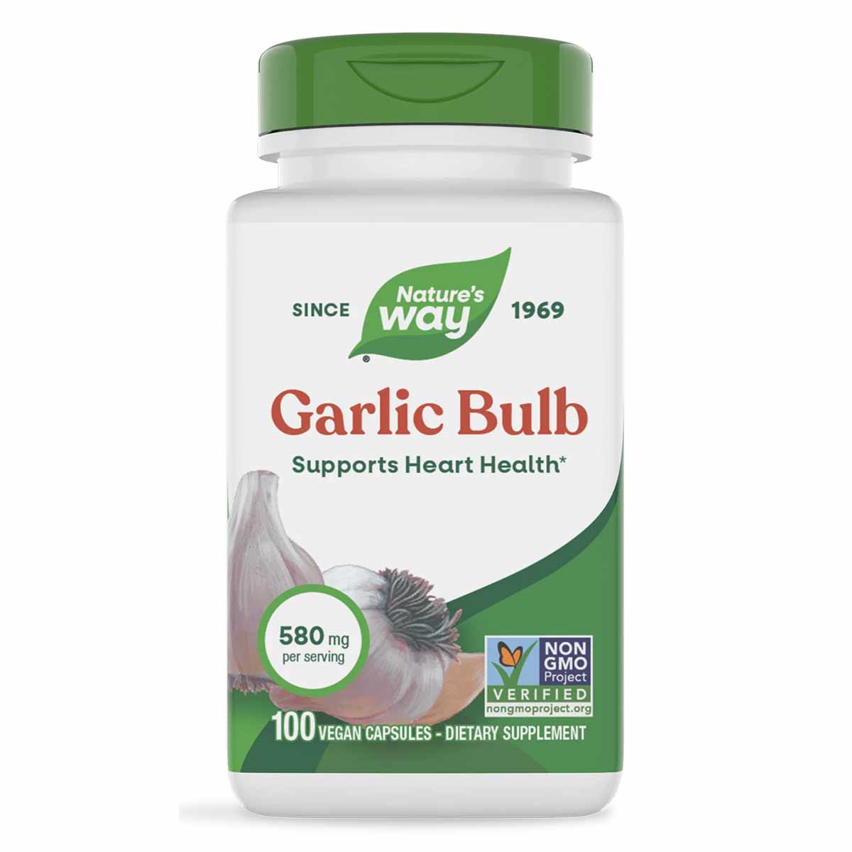 Nature's Way Garlic Bulb supplement bottle with green cap, 100 vegan capsules, 580 mg per serving.