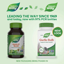 Two Nature's Way Garlic Bulb supplement bottles with green caps, one dark and one white, containing 100 vegan capsules each.