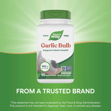 Nature's Way Garlic Bulb supplement bottle with green cap containing 100 vegan capsules, 580mg per serving.