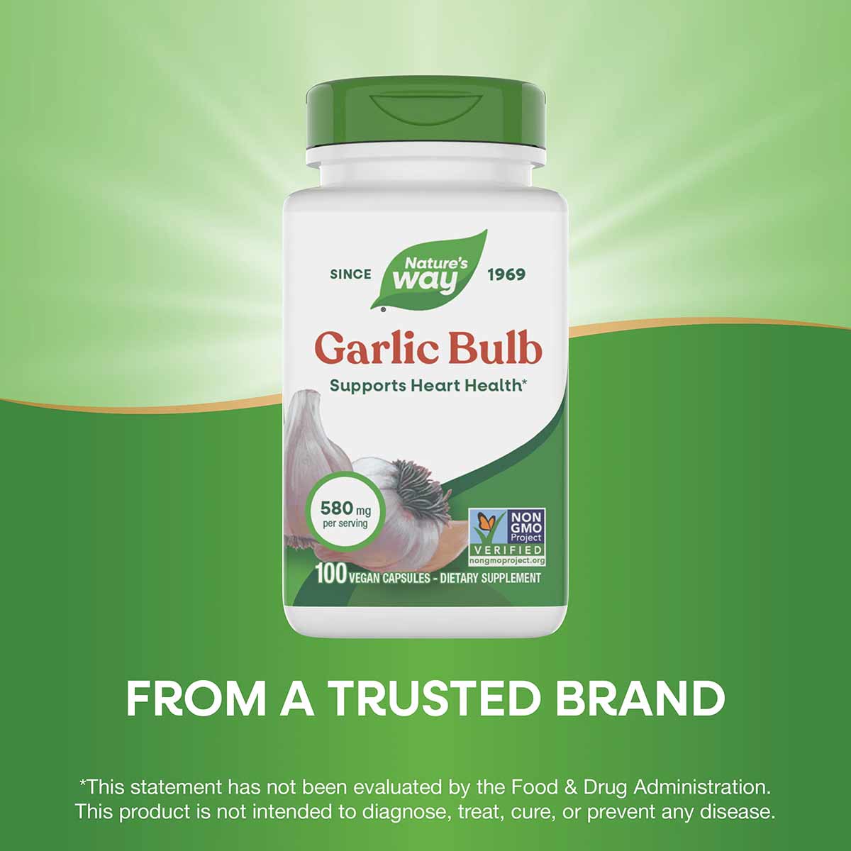 Nature's Way Garlic Bulb supplement bottle with green cap containing 100 vegan capsules, 580mg per serving.