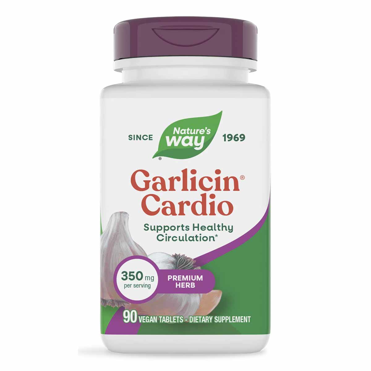 Nature's Way Garlicin Cardio white bottle with purple cap containing 90 vegan tablets, 350 mg per serving.