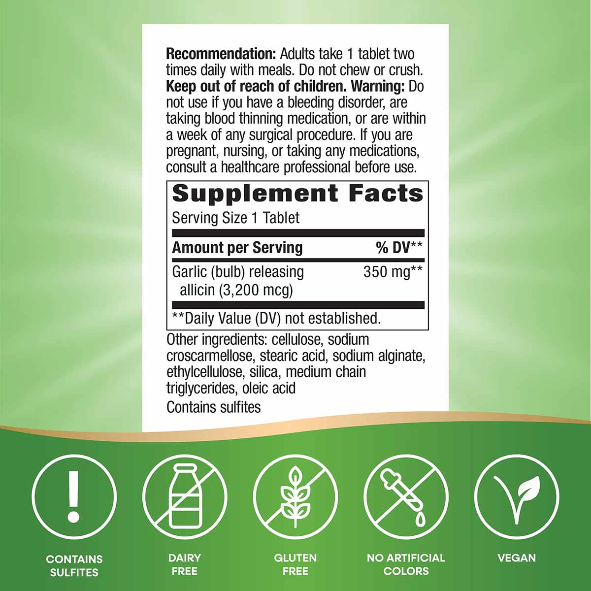 Supplement label for Garlicin Cardio showing dosage instructions, supplement facts with garlic bulb extract, and icons indica