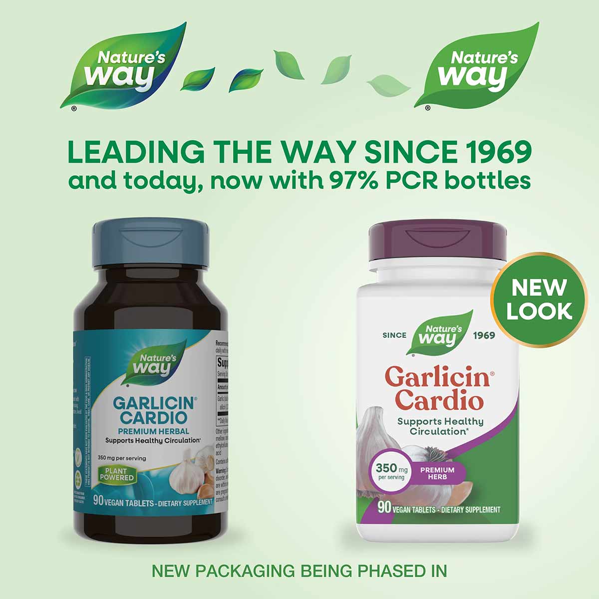Two bottles of Nature's Way Garlicin Cardio supplements in old and new packaging designs, each containing 90 vegan tablets.