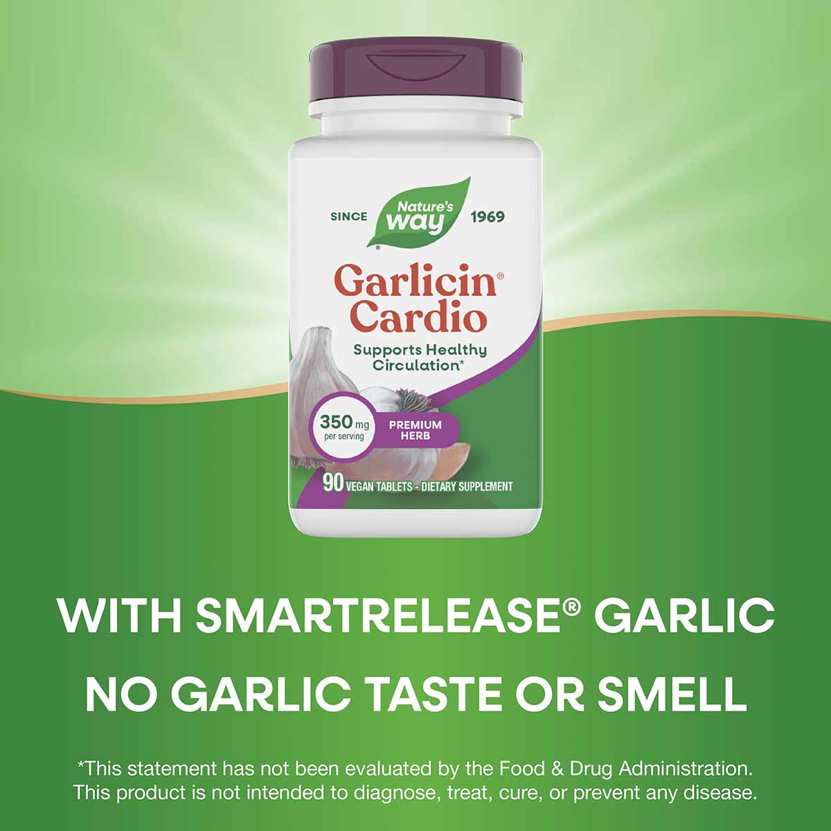 Nature's Way Garlicin Cardio bottle with purple cap, 90 vegan tablets, 350 mg per serving dietary supplement.