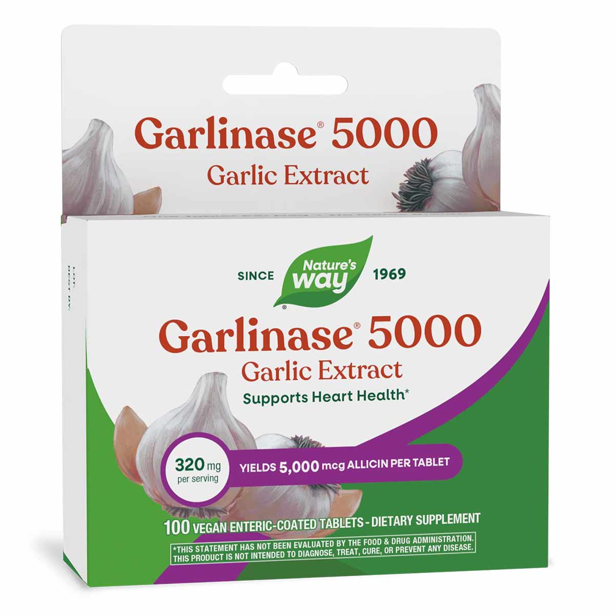 Garlinase 5000 Garlic Extract supplement bottle with 100 vegan enteric-coated tablets by Nature's Way.
