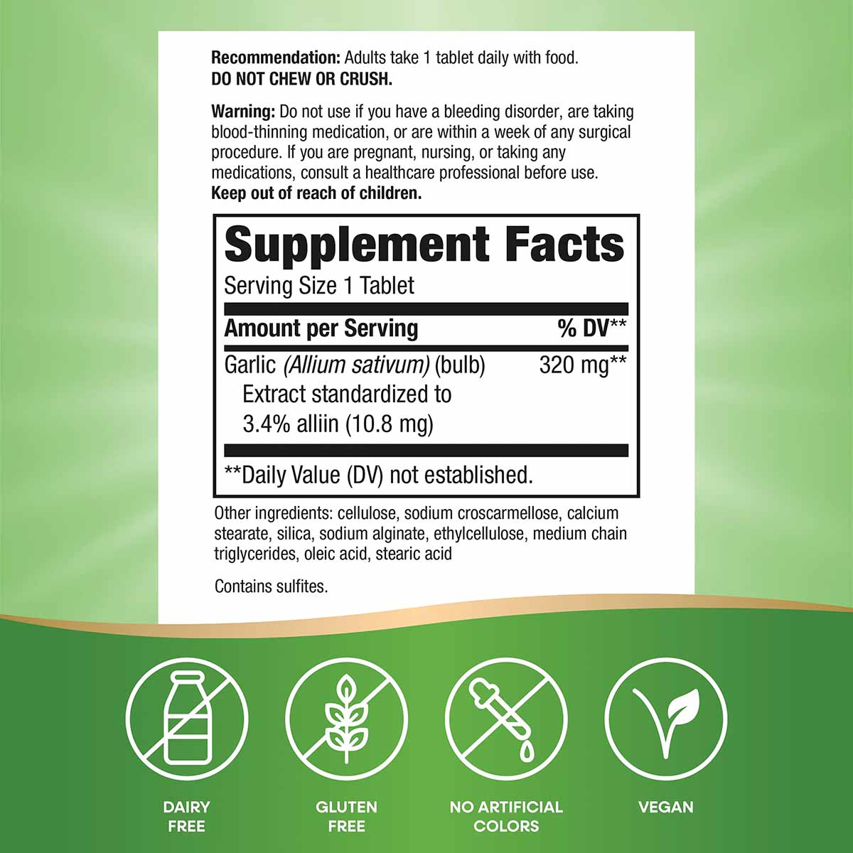 Supplement Facts label for Garlinase 5000 showing 320 mg garlic per tablet with usage recommendations and ingredient list.