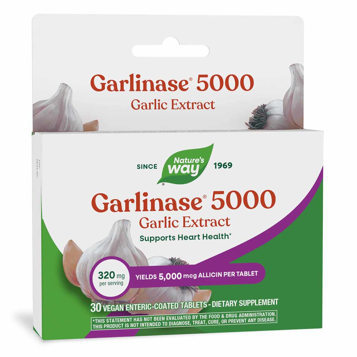 Garlinase 5000 Garlic Extract dietary supplement bottle by Nature's Way containing 30 vegan enteric-coated tablets.