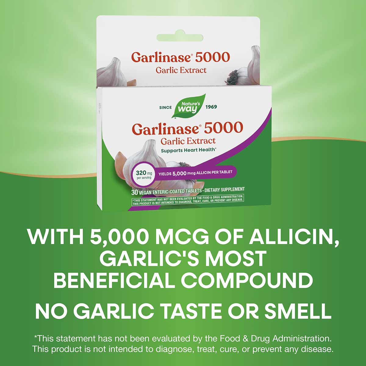 Nature's Way Garlinase 5000 garlic extract supplement bottle and box with 30 vegan enteric-coated tablets.