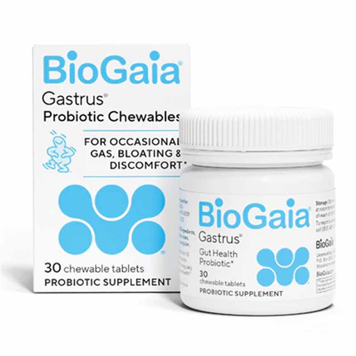 BioGaia Gastrus Probiotic Chewables box and white bottle with white screw cap containing 30 chewable tablets.