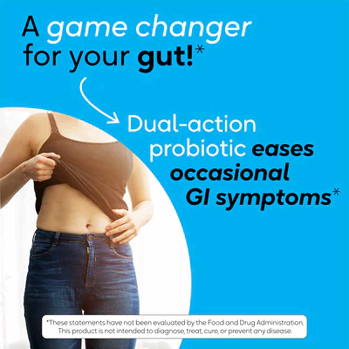 Gastrus Probiotic Chewable packaging with blue background, person holding stomach, and product benefit text.
