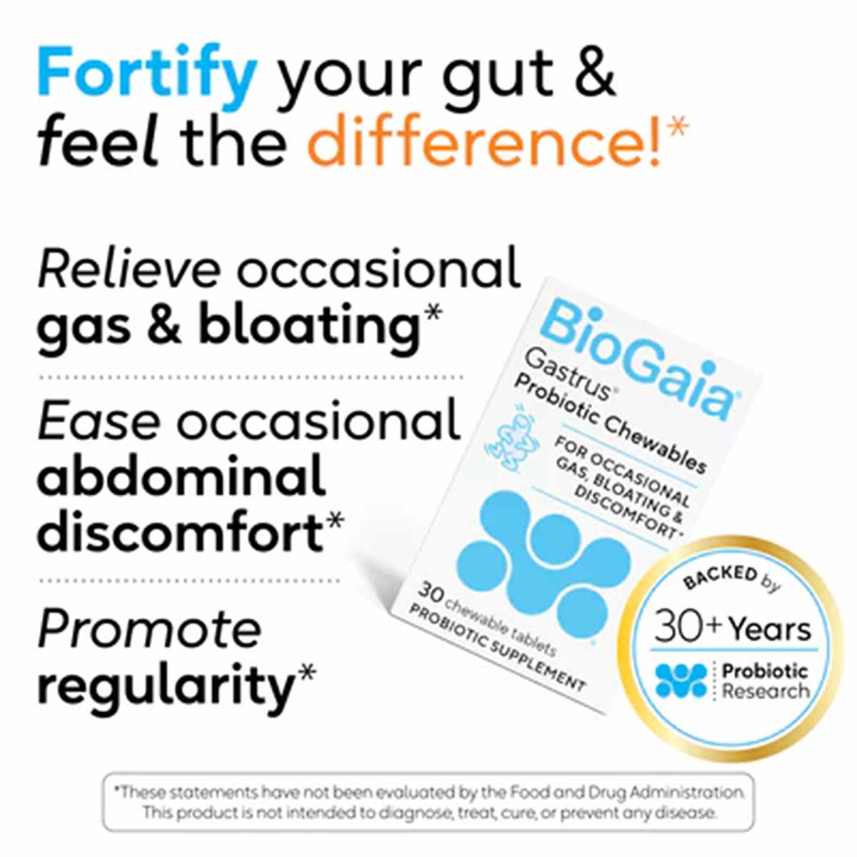 BioGaia Gastrus Probiotic Chewables box with blue circular tablets and gold-rimmed "30+ Years Probiotic Research" seal.