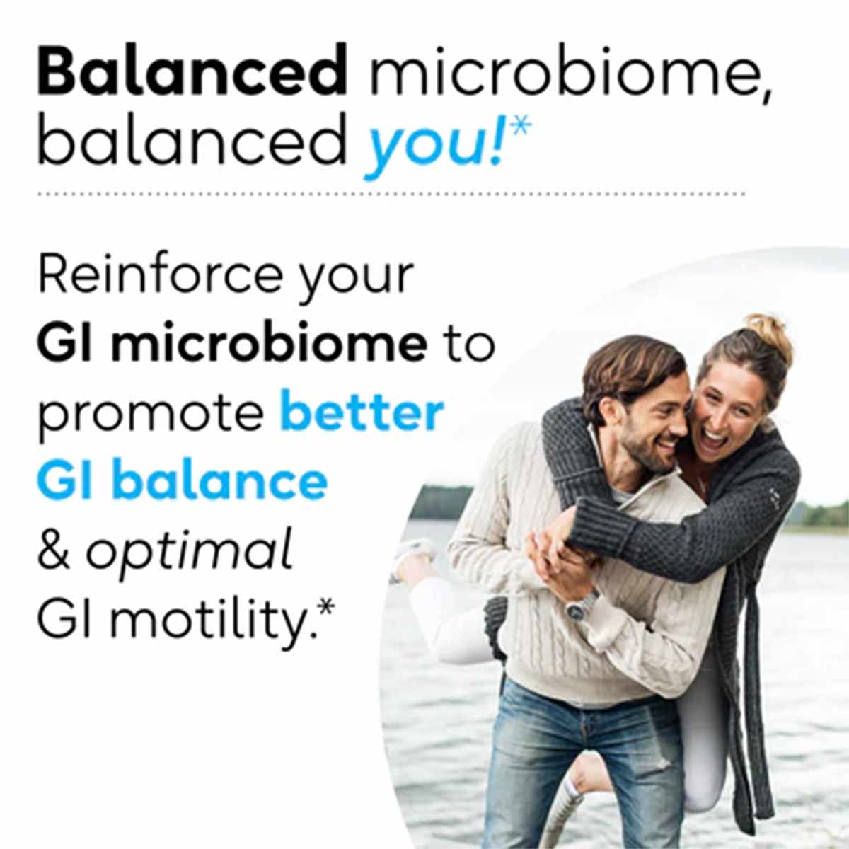 Marketing promotional image featuring two adults embracing outdoors with text about probiotic microbiome benefits.
