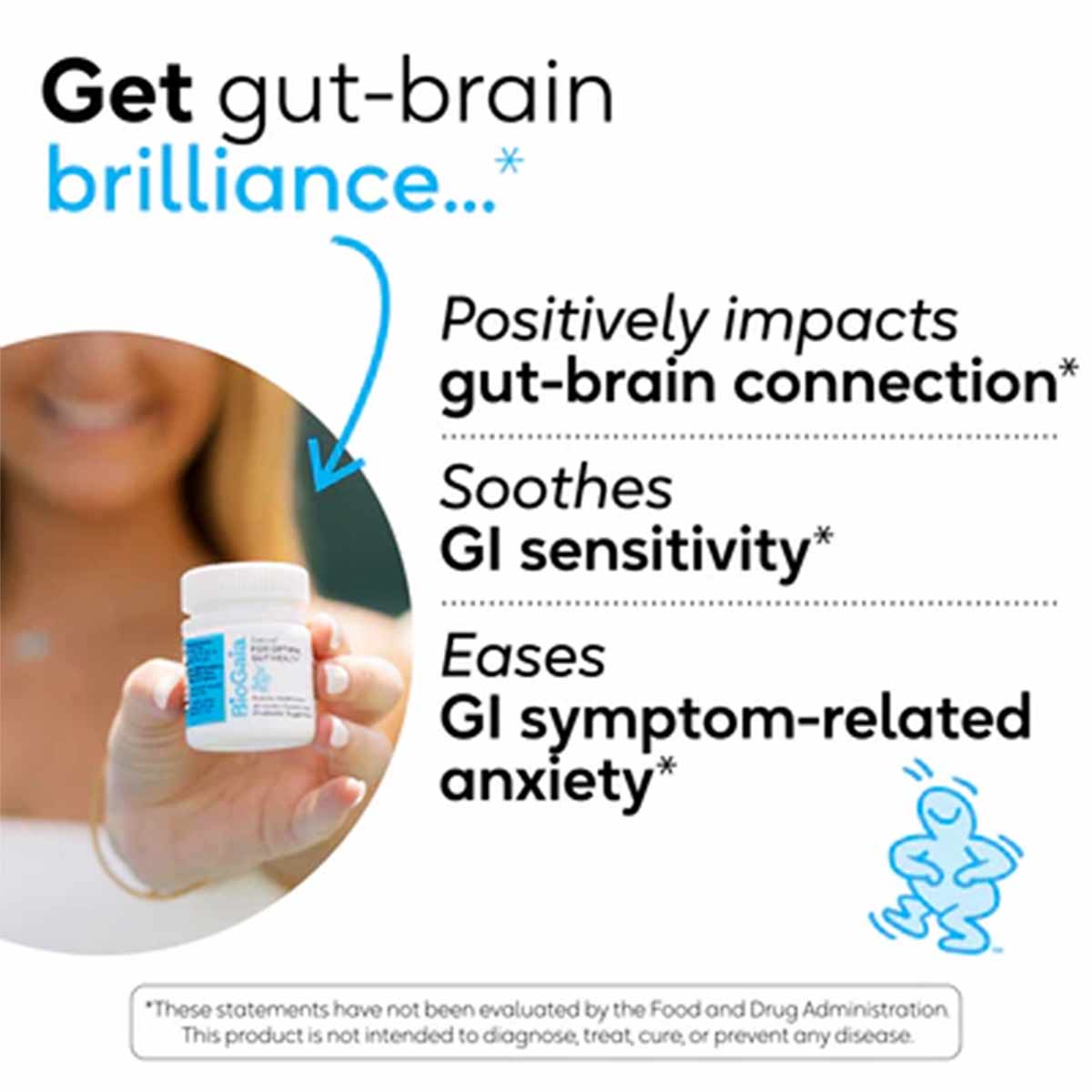 Person holding white bottle of Gastrus Probiotic Chewable with blue label and product benefit text.
