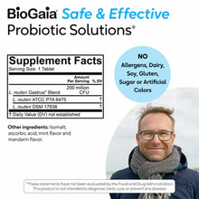 BioGaia Gastrus probiotic supplement facts label showing 200 million CFU serving, ingredients, and allergen information with 