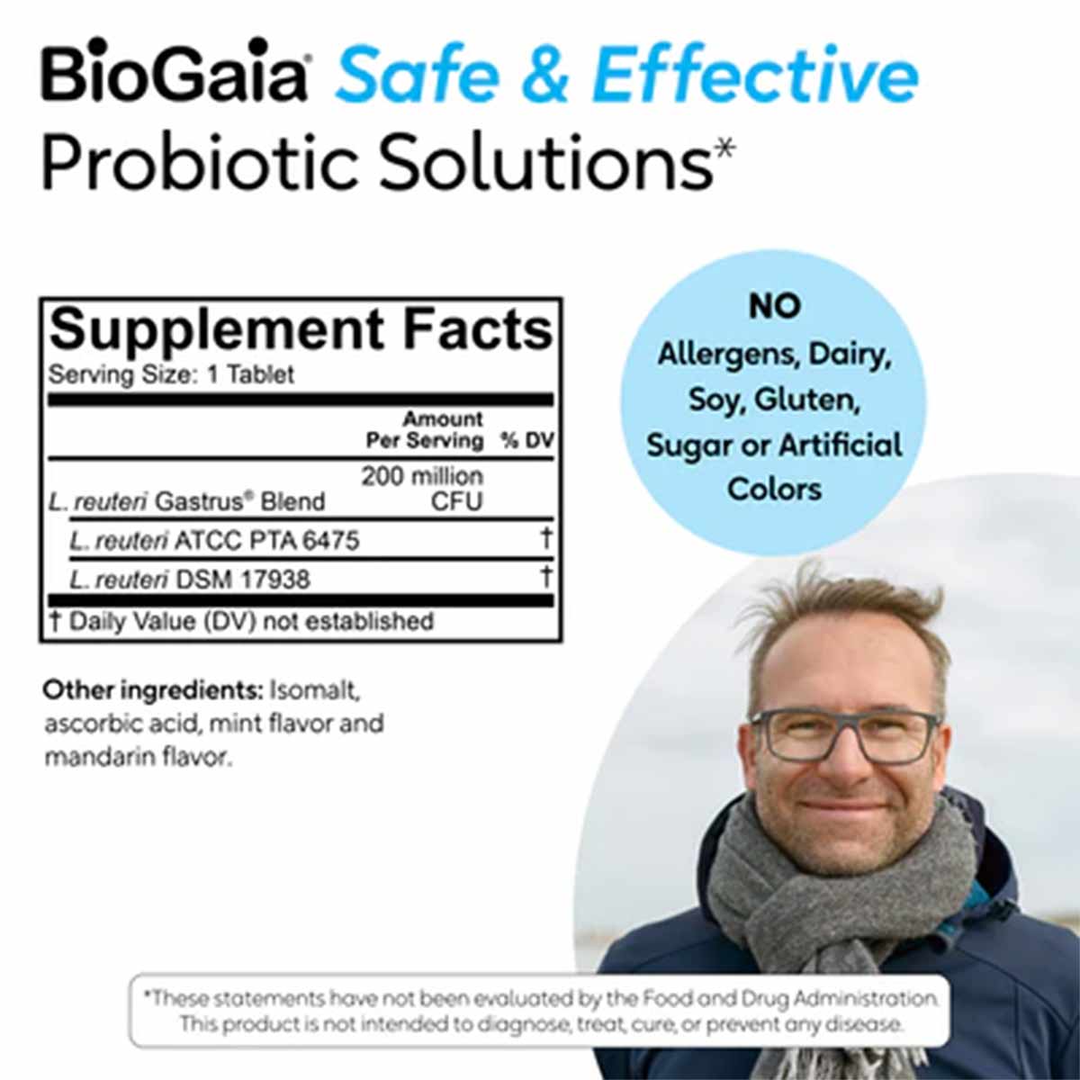 BioGaia Gastrus probiotic supplement facts label showing 200 million CFU serving, ingredients, and allergen information with 