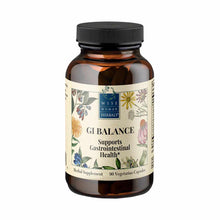 Amber glass bottle with black cap containing GI Balance herbal supplement capsules, labeled with Wise Woman Herbals branding 