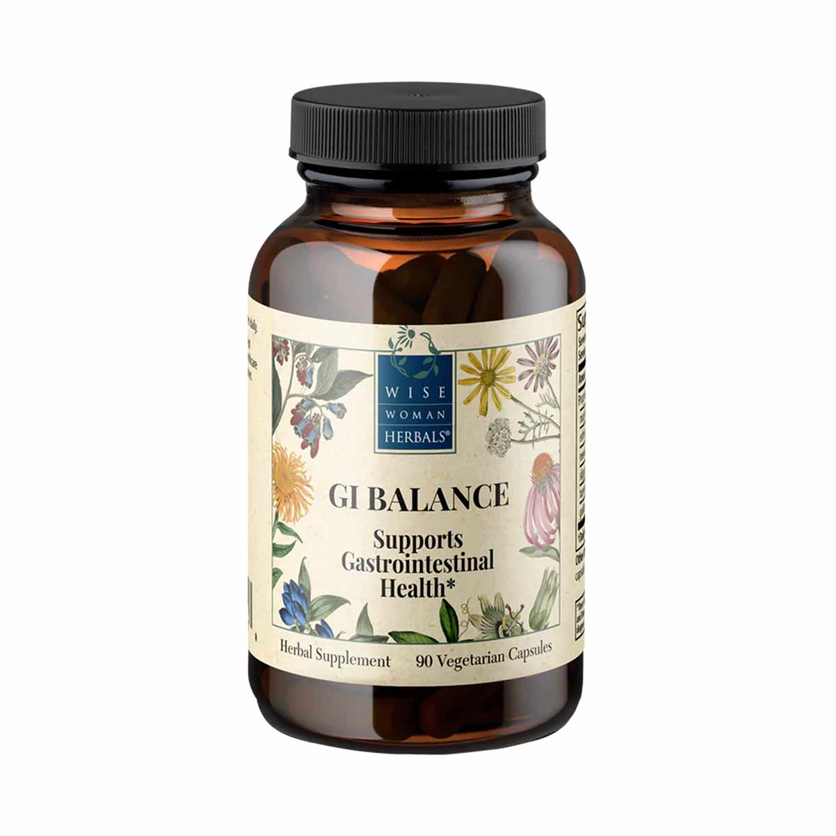 Amber glass bottle with black cap containing GI Balance herbal supplement capsules, labeled with Wise Woman Herbals branding 