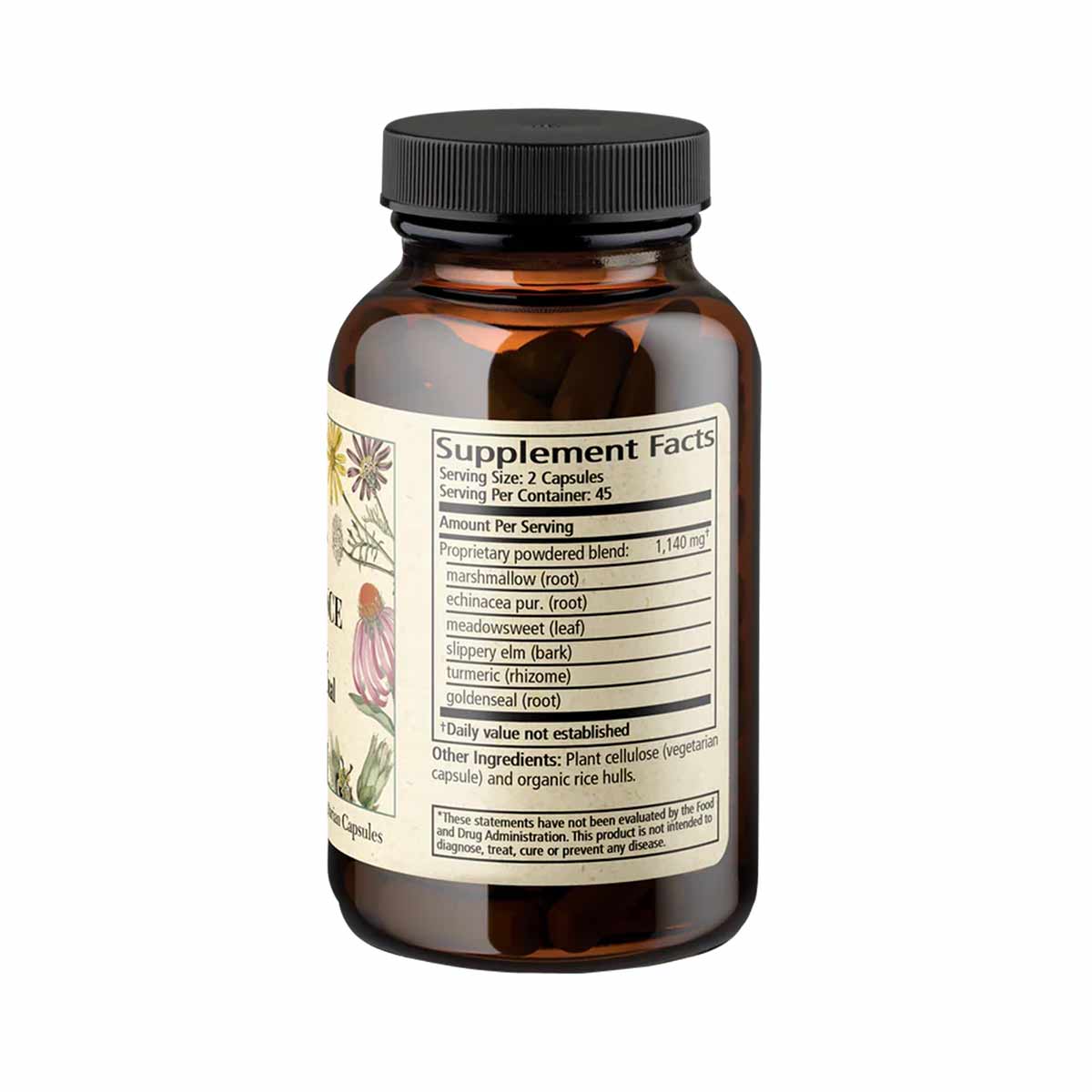 Brown glass bottle with black screw cap containing herbal supplement capsules and supplement facts label visible.