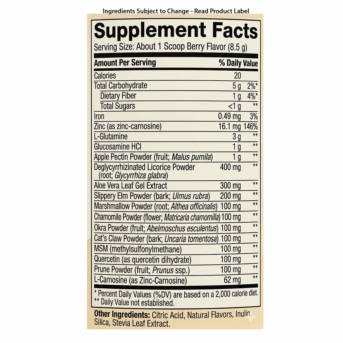 Supplement Facts label for GI Integrity powder showing serving size, nutritional information, and ingredient list with berry 