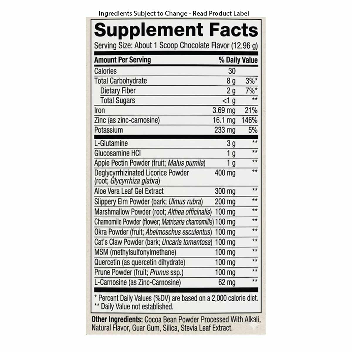 Supplement Facts label for GI Integrity chocolate flavor powder showing serving size, nutritional information, and ingredient