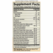Supplement Facts label for GI Integrity powder showing peach tea flavor with ingredients including L-glutamine, aloe vera, li