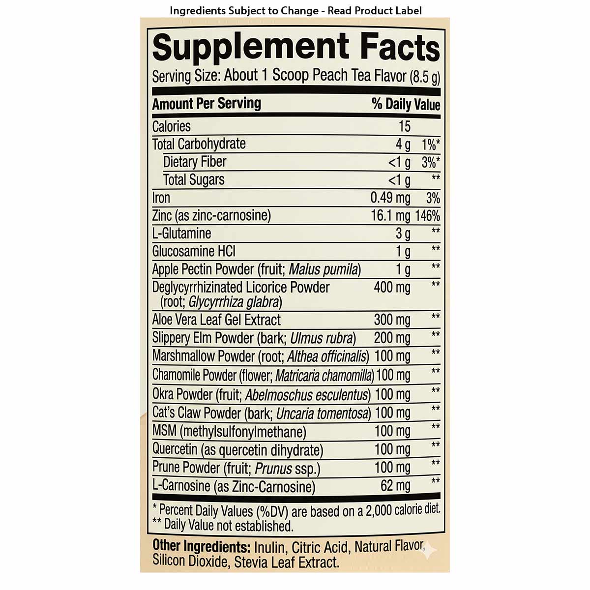 Supplement Facts label for GI Integrity powder showing peach tea flavor with ingredients including L-glutamine, aloe vera, li