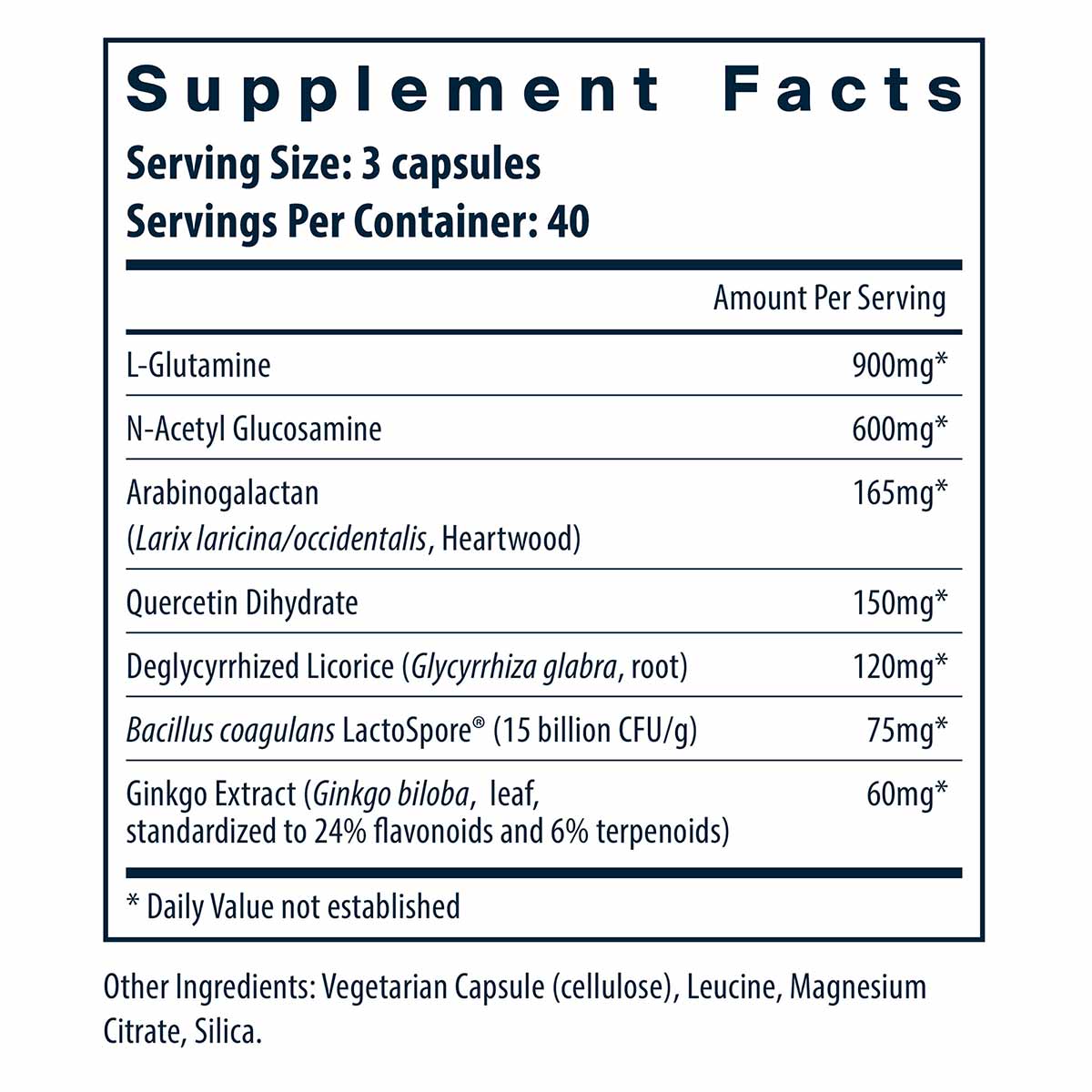 Supplement Facts label for GI Repair Nutrients showing 120 capsules with serving size of 3 capsules and ingredient list inclu