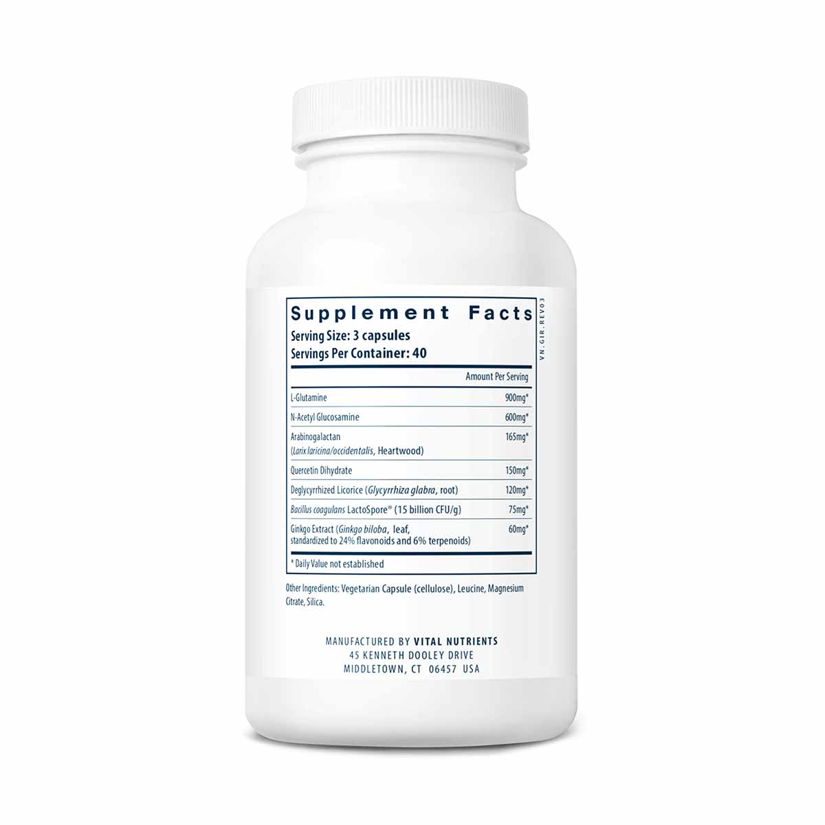 White supplement bottle with white cap labeled "GI Repair Nutrients" by Vital Nutrients, showing supplement facts panel.