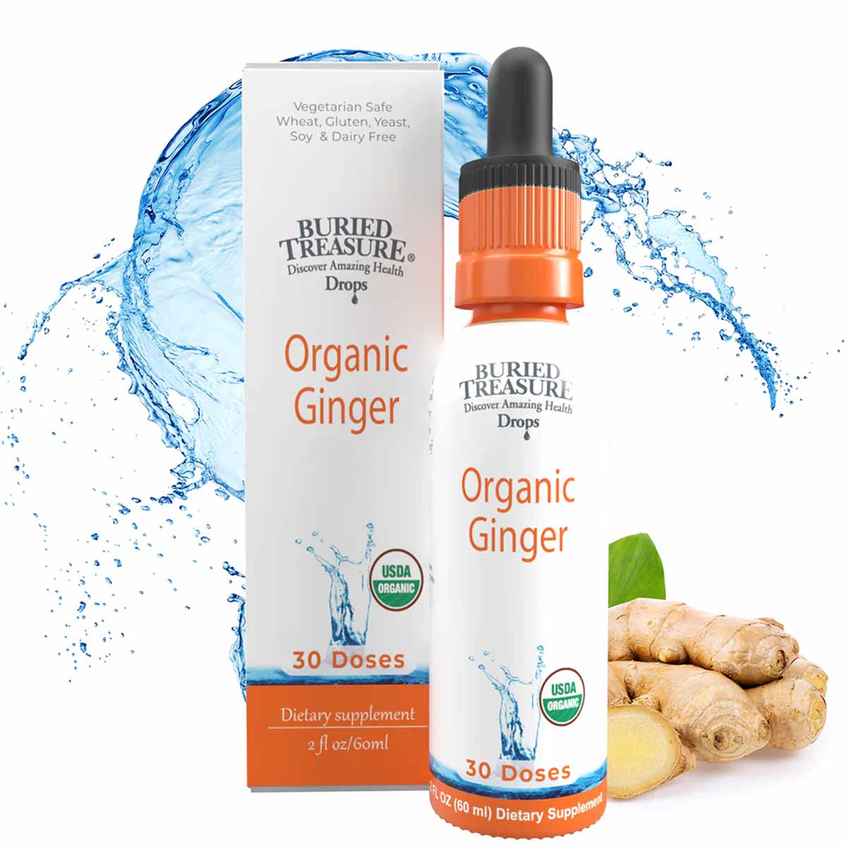 White bottle with orange label and black dropper cap containing Buried Treasure Organic Ginger Extract drops, displayed with 