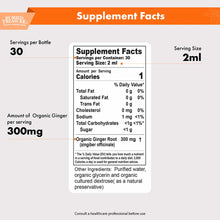 Supplement Facts label for Buried Treasure Organic Ginger Extract showing 300mg ginger root per 2ml serving with 30 servings 