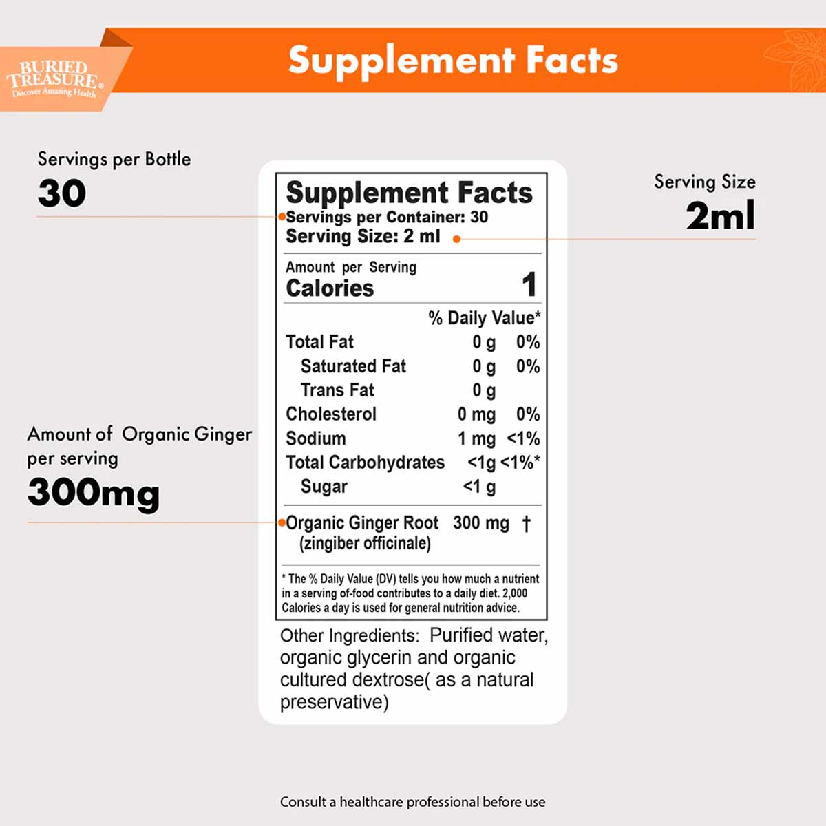 Supplement Facts label for Buried Treasure Organic Ginger Extract showing 300mg ginger root per 2ml serving with 30 servings 