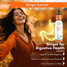 Bottle of Buried Treasure Organic Ginger Extract with dropper top and orange label, 2 oz size.