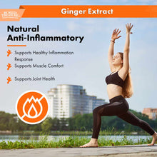 Buried Treasure Organic Ginger Extract 2 oz bottle displayed on promotional packaging with wellness benefits text and person 