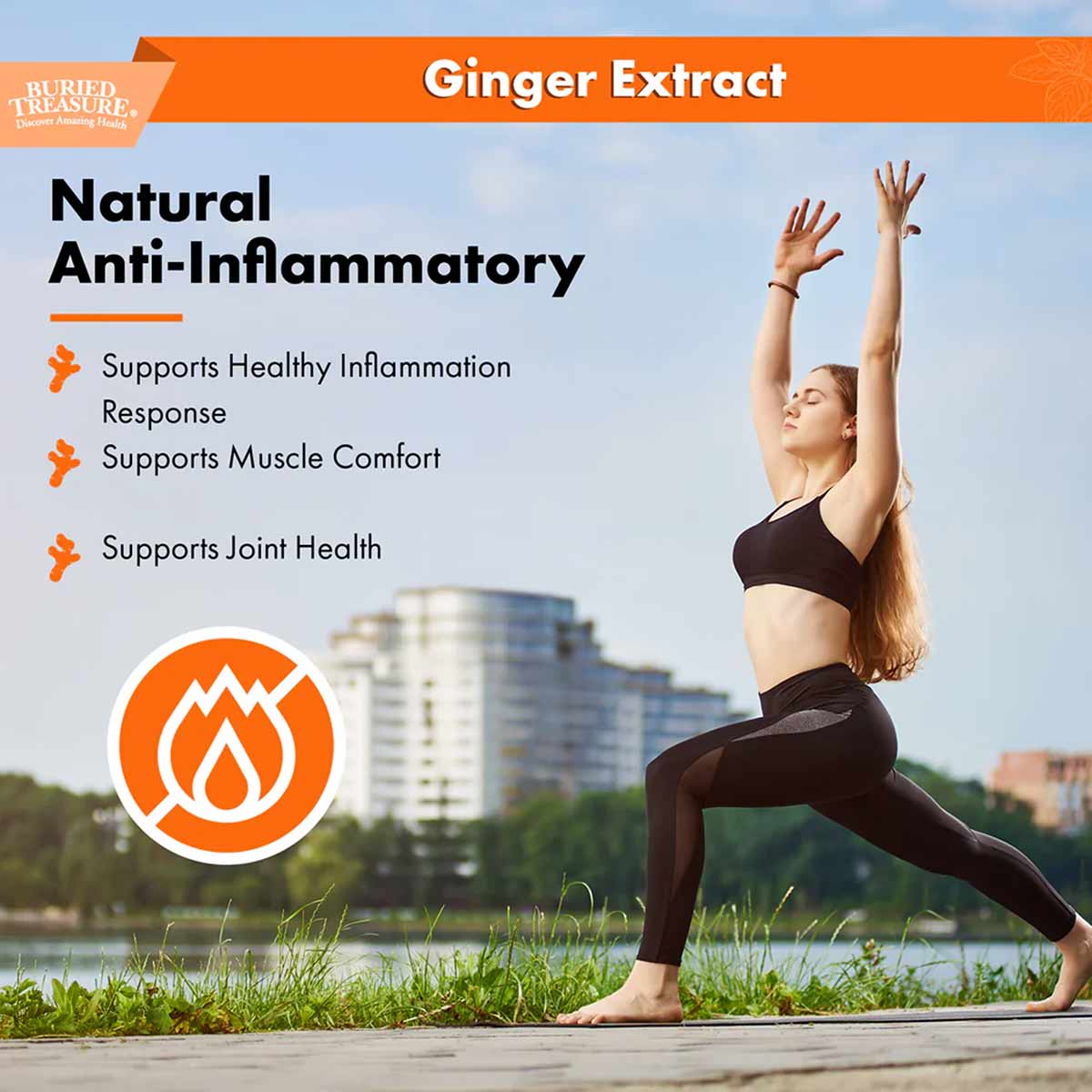 Buried Treasure Organic Ginger Extract 2 oz bottle displayed on promotional packaging with wellness benefits text and person 