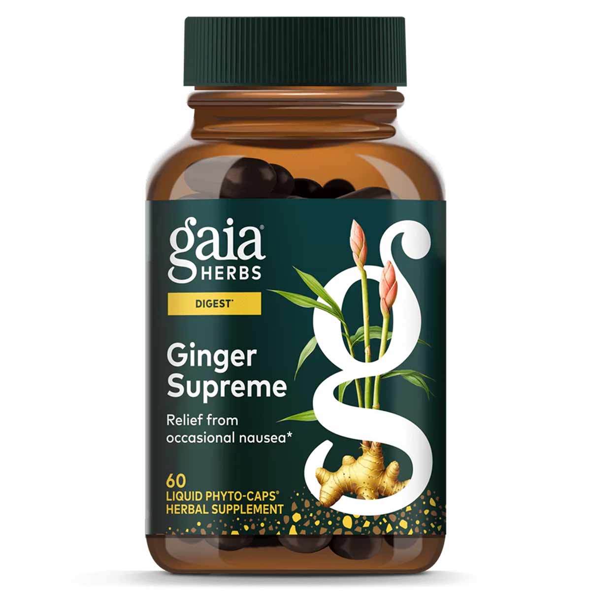 Amber glass bottle with green cap containing dark liquid phyto-caps labeled Gaia Herbs Ginger Supreme.