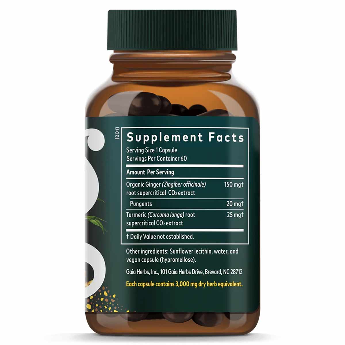 Amber glass bottle with green cap containing dark capsules, labeled with Gaia Herbs Ginger Supreme supplement facts.