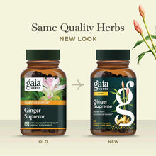 Two amber bottles of Gaia Herbs Ginger Supreme showing old and new label designs with 60 vegan liquid phyto-caps.